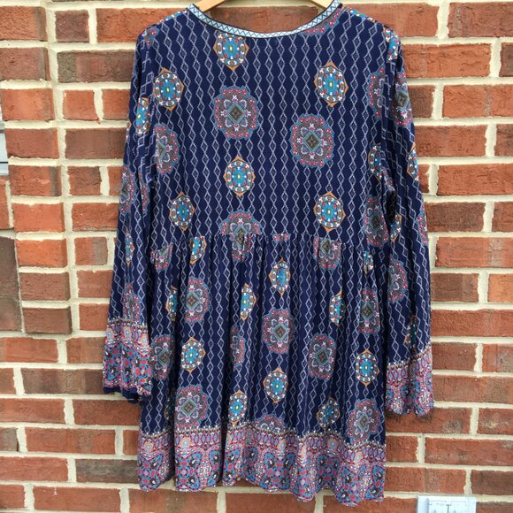 Southern Stitch Tunic Mini Dress Womens XXL Navy Print Tassels Boho Flowy - Picture 2 of 12